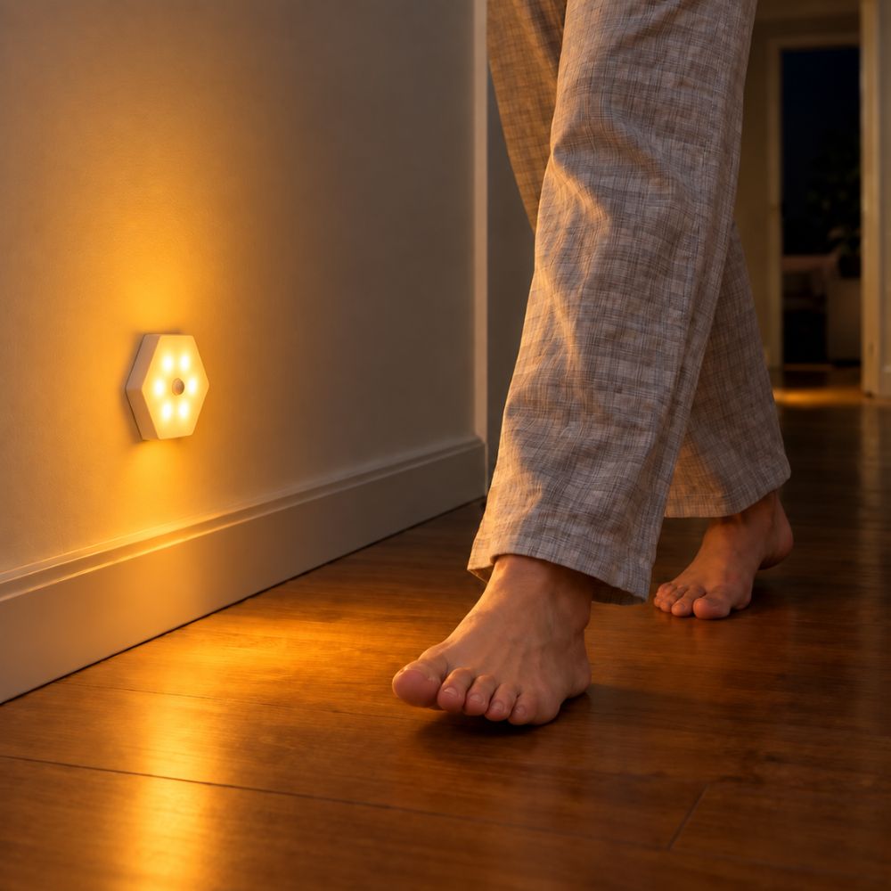 SleepGlow amber motion light illuminating a hallway while someone walks past at night. SleepGlow amber motion light illuminating a hallway while someone walks past at night.