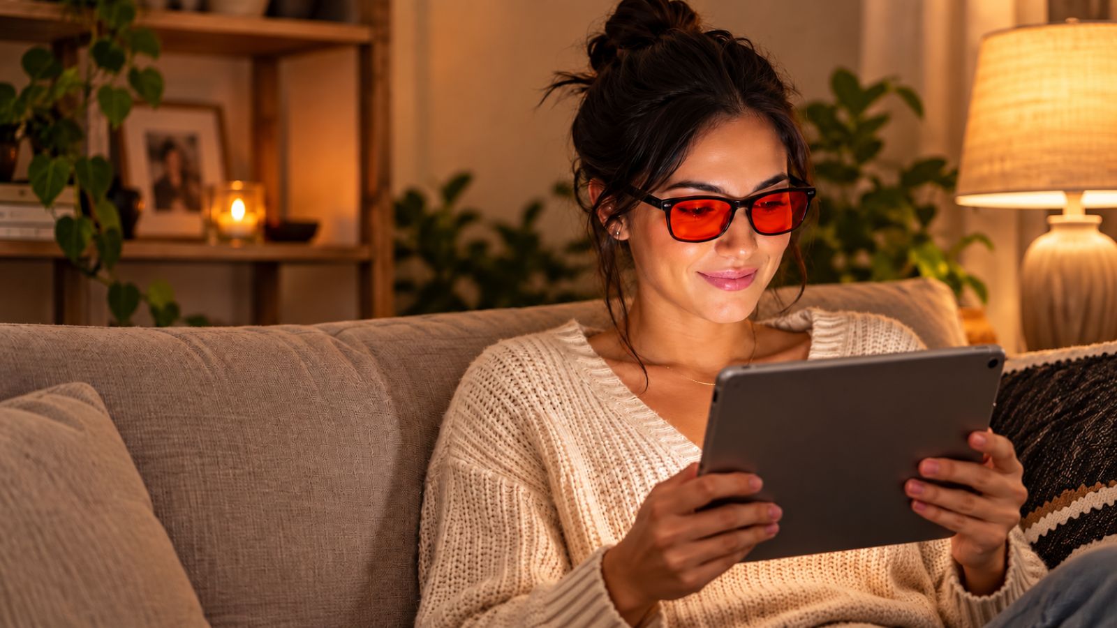 Woman wearing red lens blue light blocking glasses while using a tablet at night
